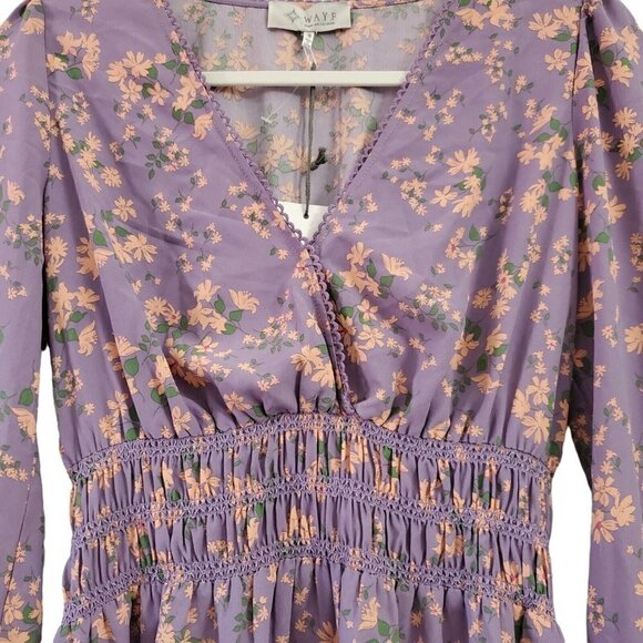 Wayf Mini‎ Dress Small Delancy Smocked Waist Lavender Floral Print Boho NWT - Picture 2 of 12